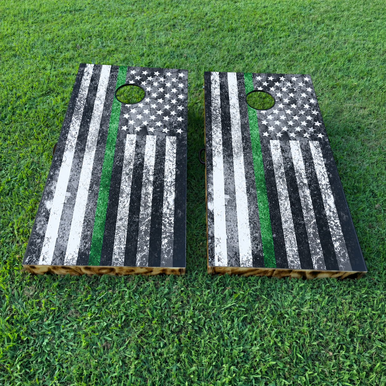 Grunge-Flag-Thin-Green-Line-Cornhole-Board-Set Front Grunge Flag - Green Line Cornhole Board Set - Image 1
